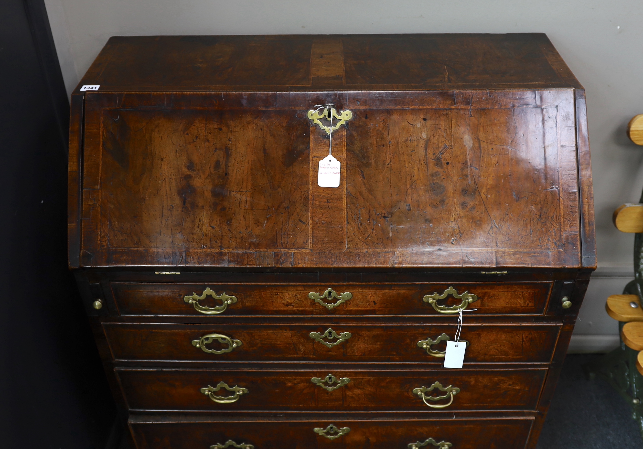 An mid 18th century banded walnut bureau, width 92cm, depth 48cm, height 104cm